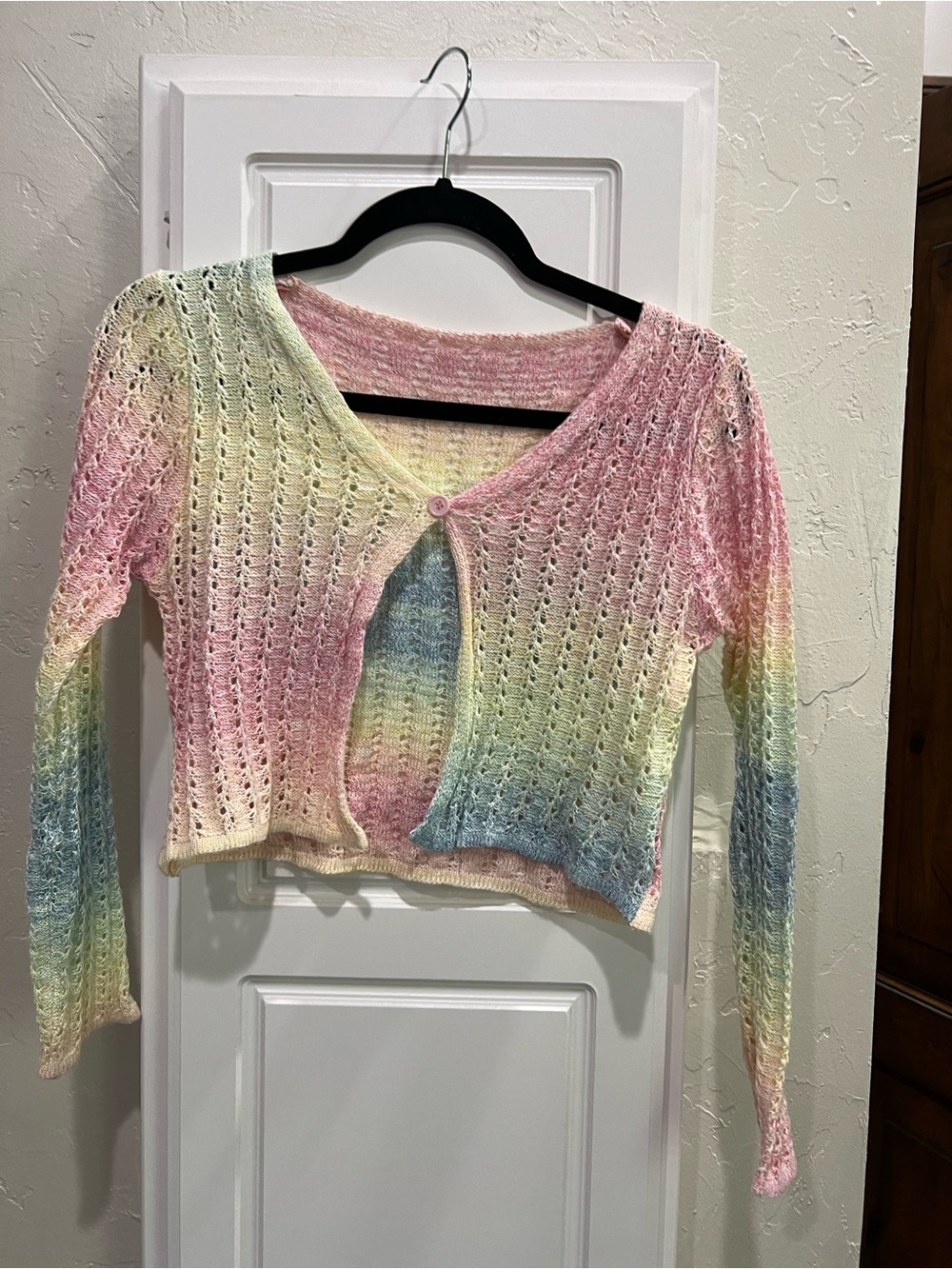 SHEIN Pastel Rainbow Open-Knit Cropped Cardigan - Pink, Yellow, Blue